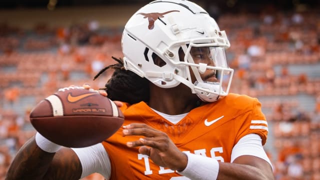 Texas quarterback Maalik Murphy (6) warms up ahead of the Longhorns' game against the BYU Cougars at Darrell K Royal-Texas Memorial Stadium in Austin, Saturday, Oct. 28, 2023.